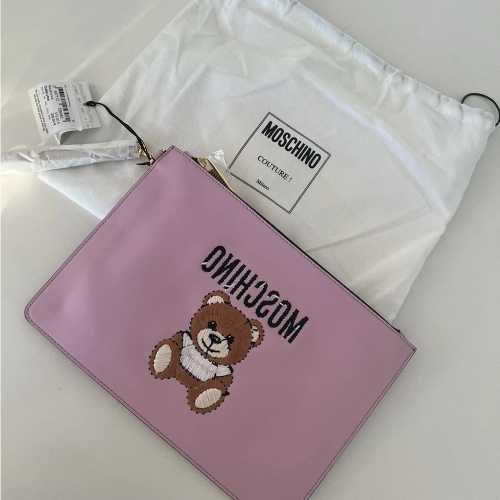 Authentic Moschino Couture Teddy Embroidered Clutch Soft Rose W11”x L8”